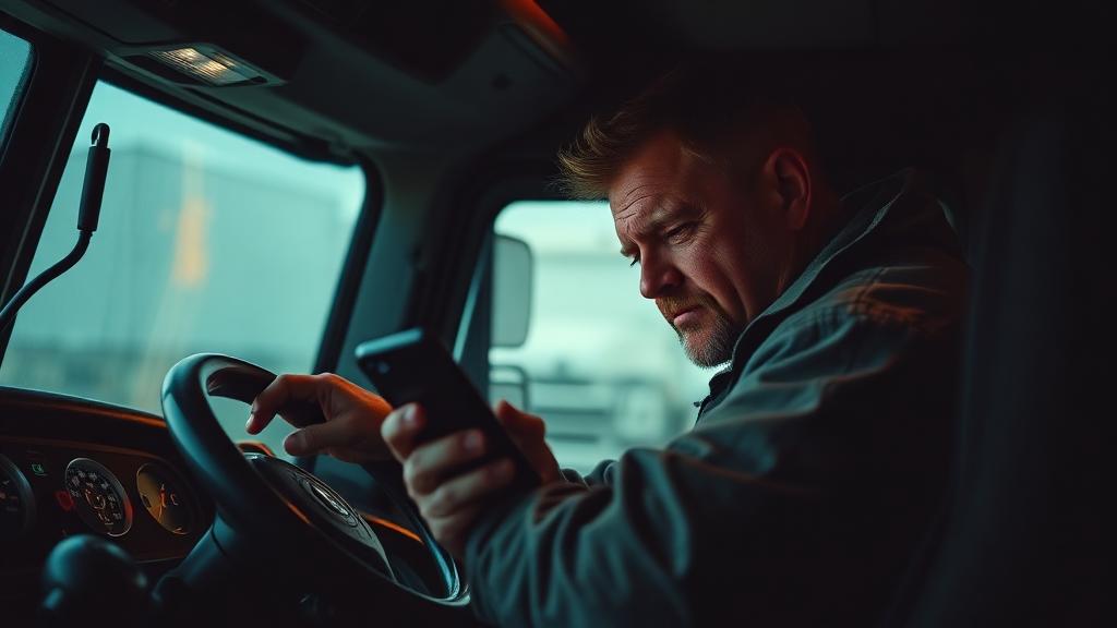 Truck driver sitting in cab looking at phone, considering other job opportunities