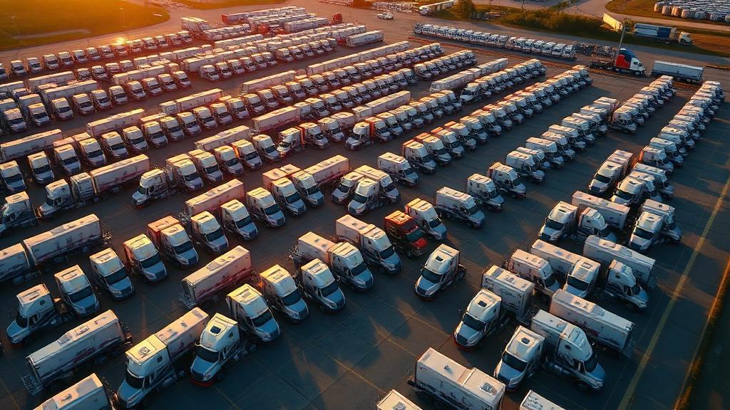 Aerial view of a carrier's yard with rows of semi trucks at golden hour