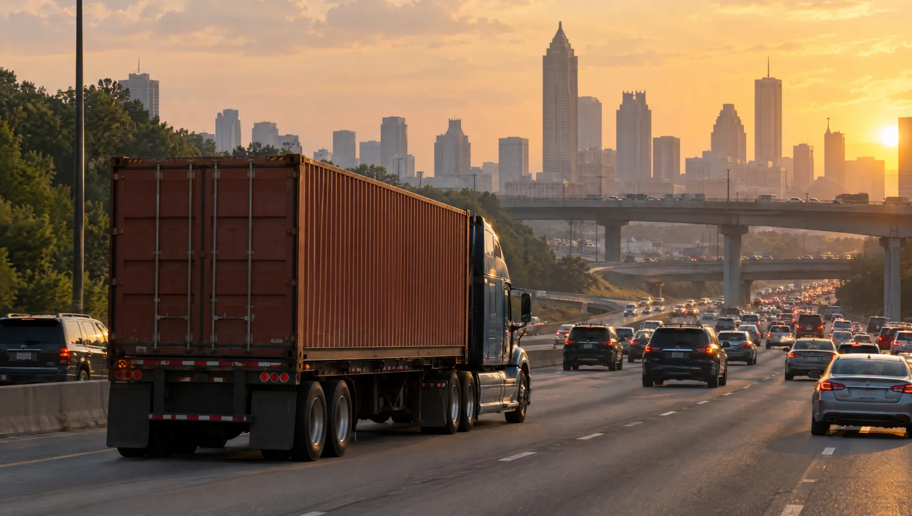 Class 8 tractor pulling a shipping container on a chassis along the Downtown Connector with the Atlanta skyline behind it at dusk