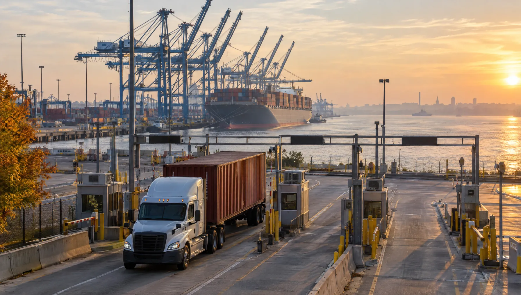 Class 8 tractor pulling a container out of the Seagirt Marine Terminal gate in Baltimore with ship-to-shore cranes and the Patapsco River behind it