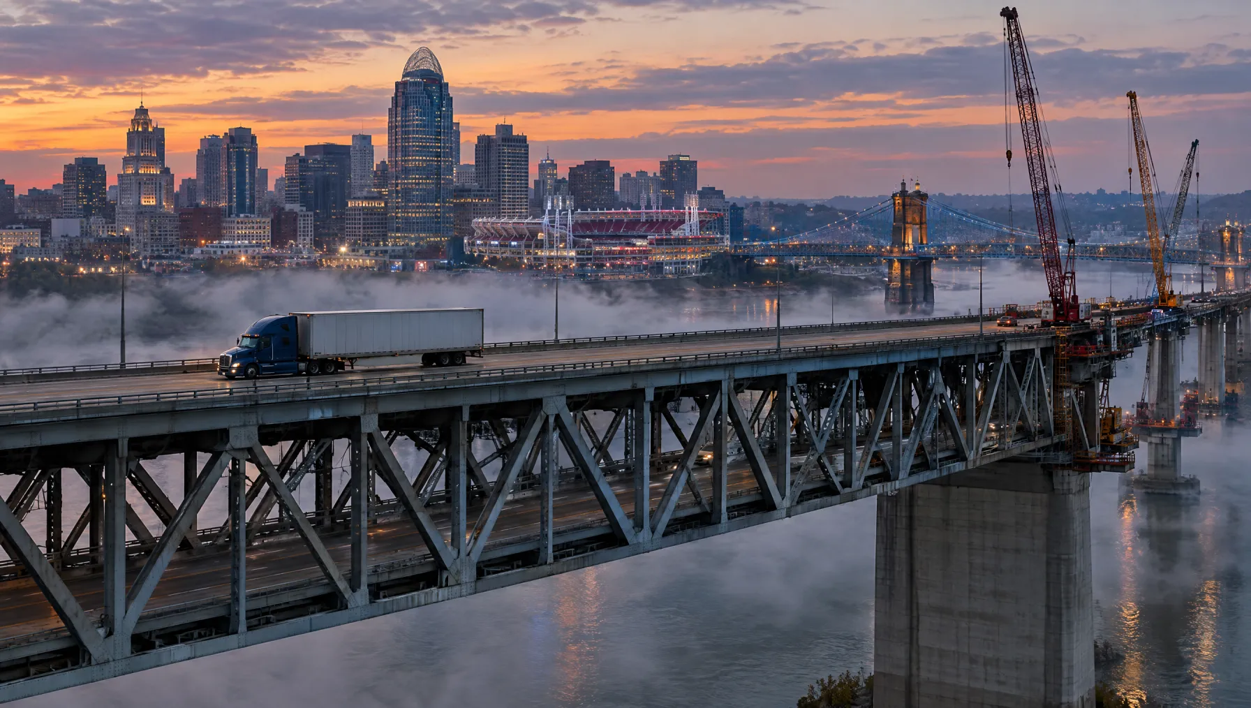 Class 8 tractor-trailer crossing the Brent Spence Bridge over the Ohio River toward the Cincinnati skyline at dusk