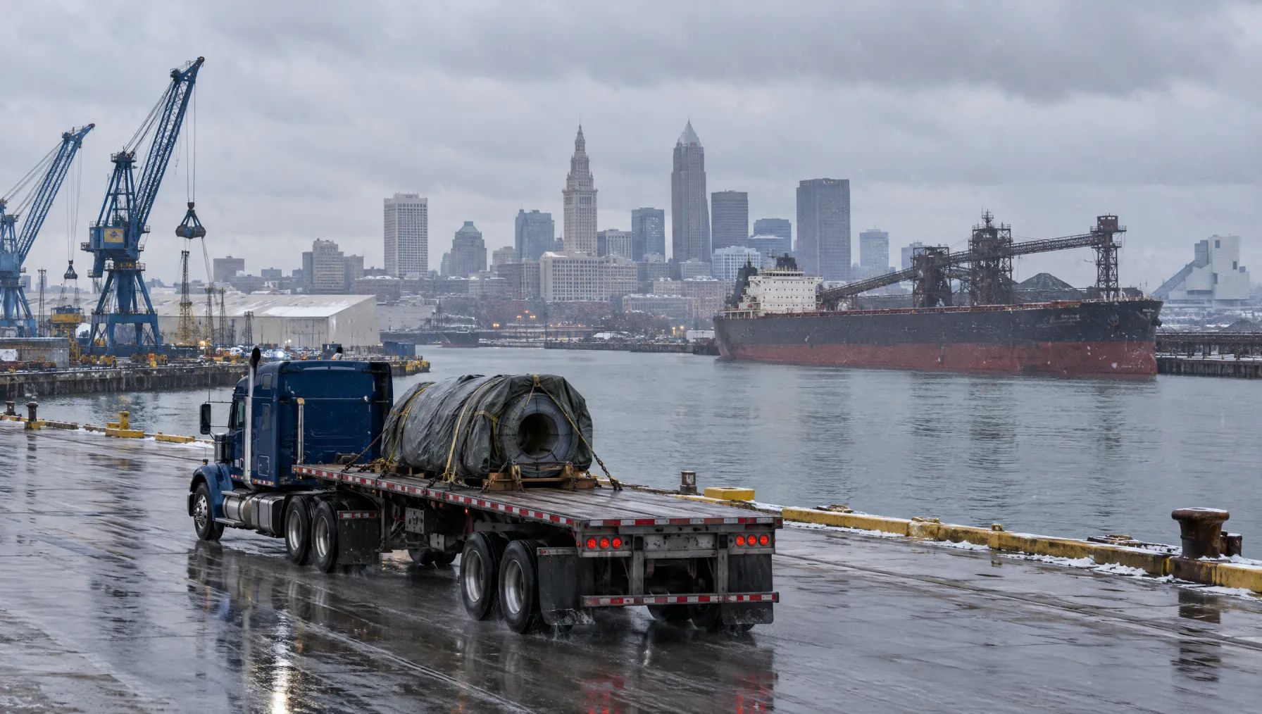 Class 8 tractor with a tarped coil load leaving the Cleveland lakefront with ore docks and the downtown skyline behind