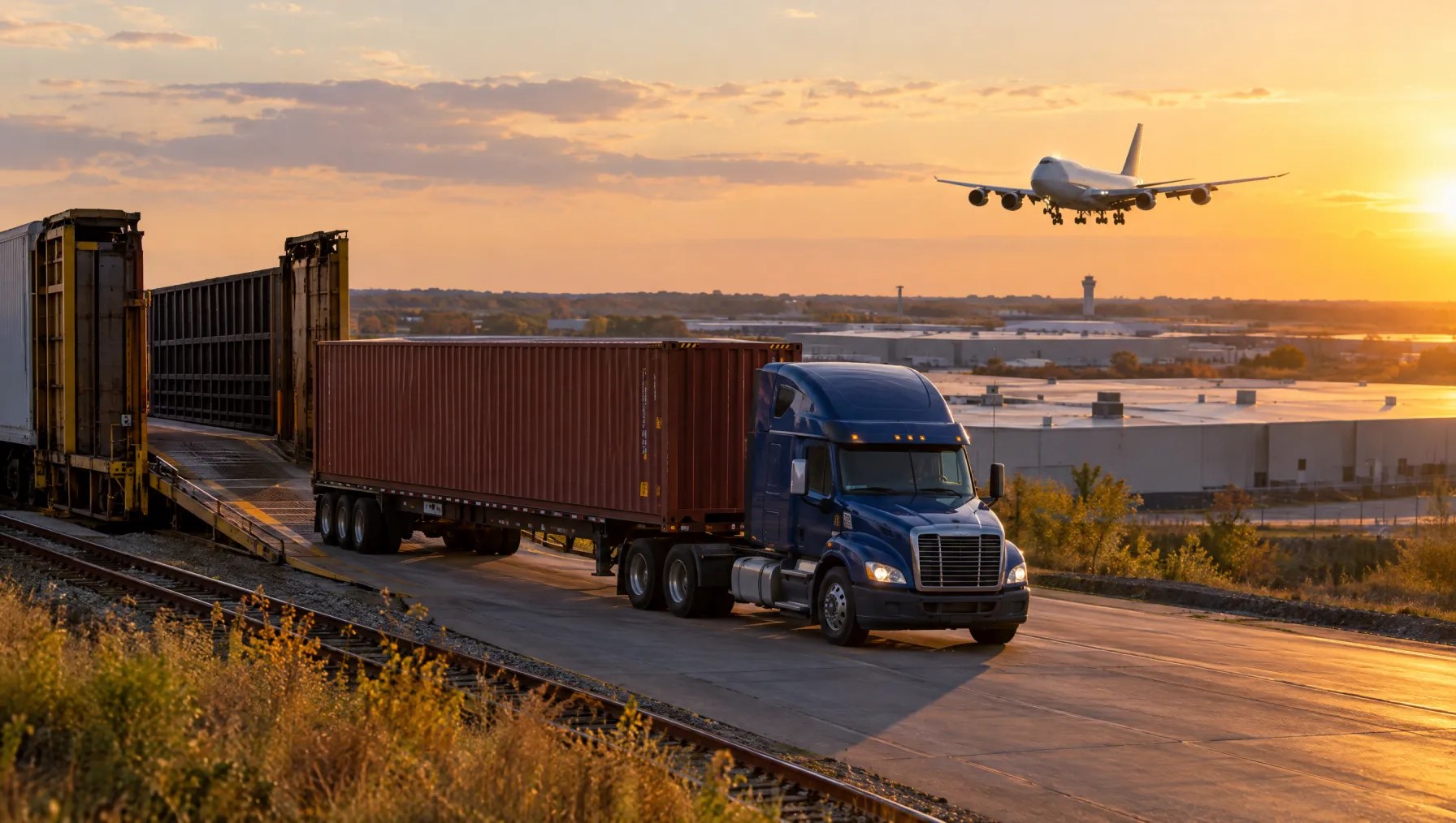 Class 8 tractor pulling a container chassis past the Rickenbacker intermodal ramp with a cargo freighter landing behind it