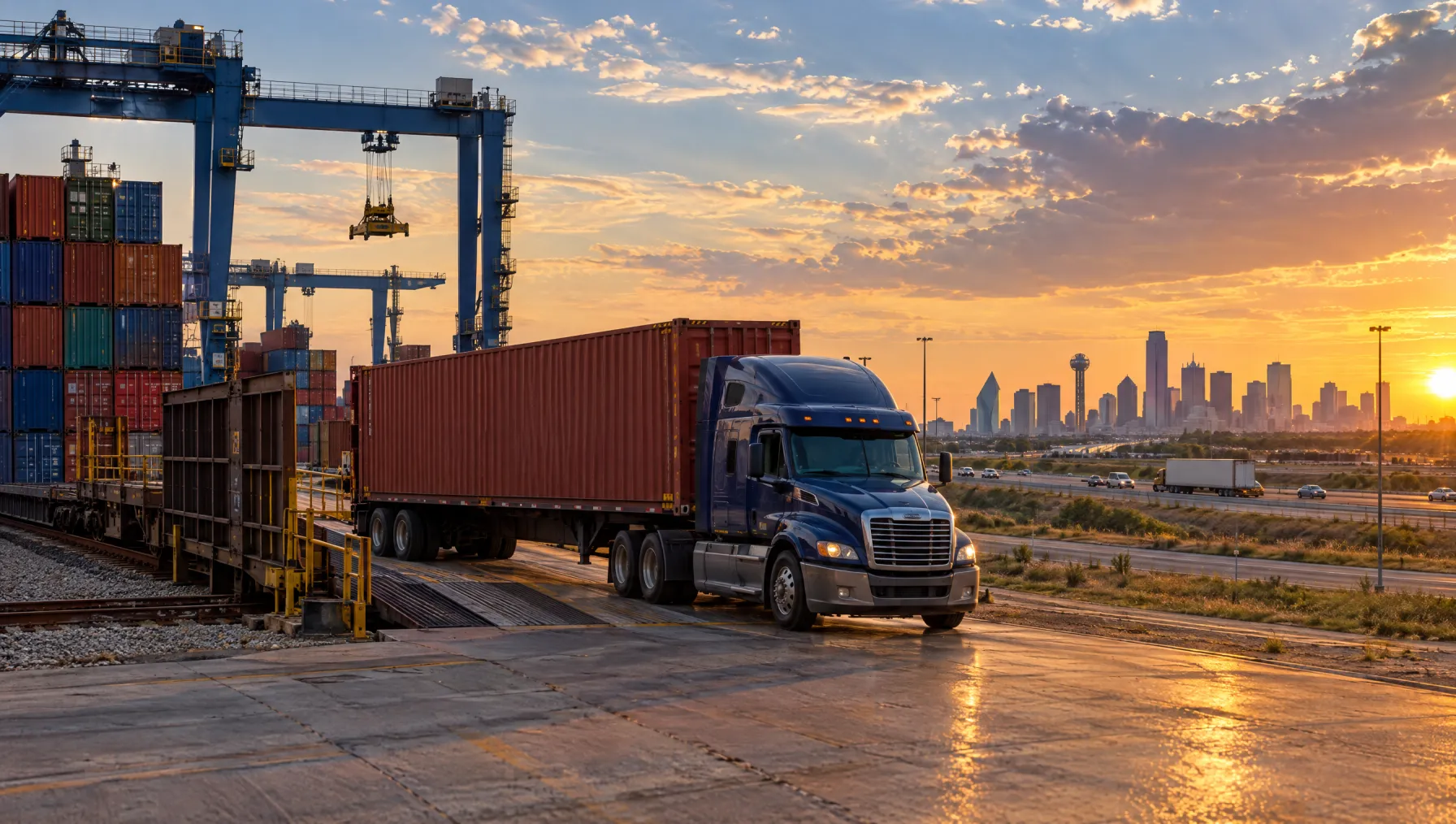 Class 8 tractor pulling an intermodal container out of the Union Pacific ramp in Hutchins toward I-45, Dallas skyline on the horizon