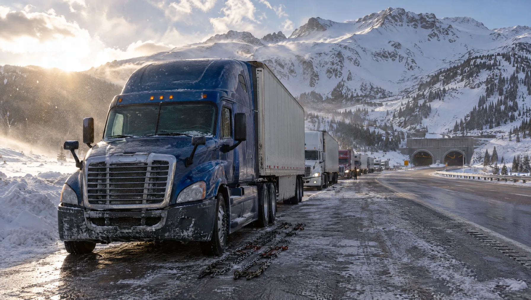 Class 8 tractor-trailer parked in the I-70 chain-up area below the Eisenhower Tunnel with snow-covered Continental Divide peaks behind it