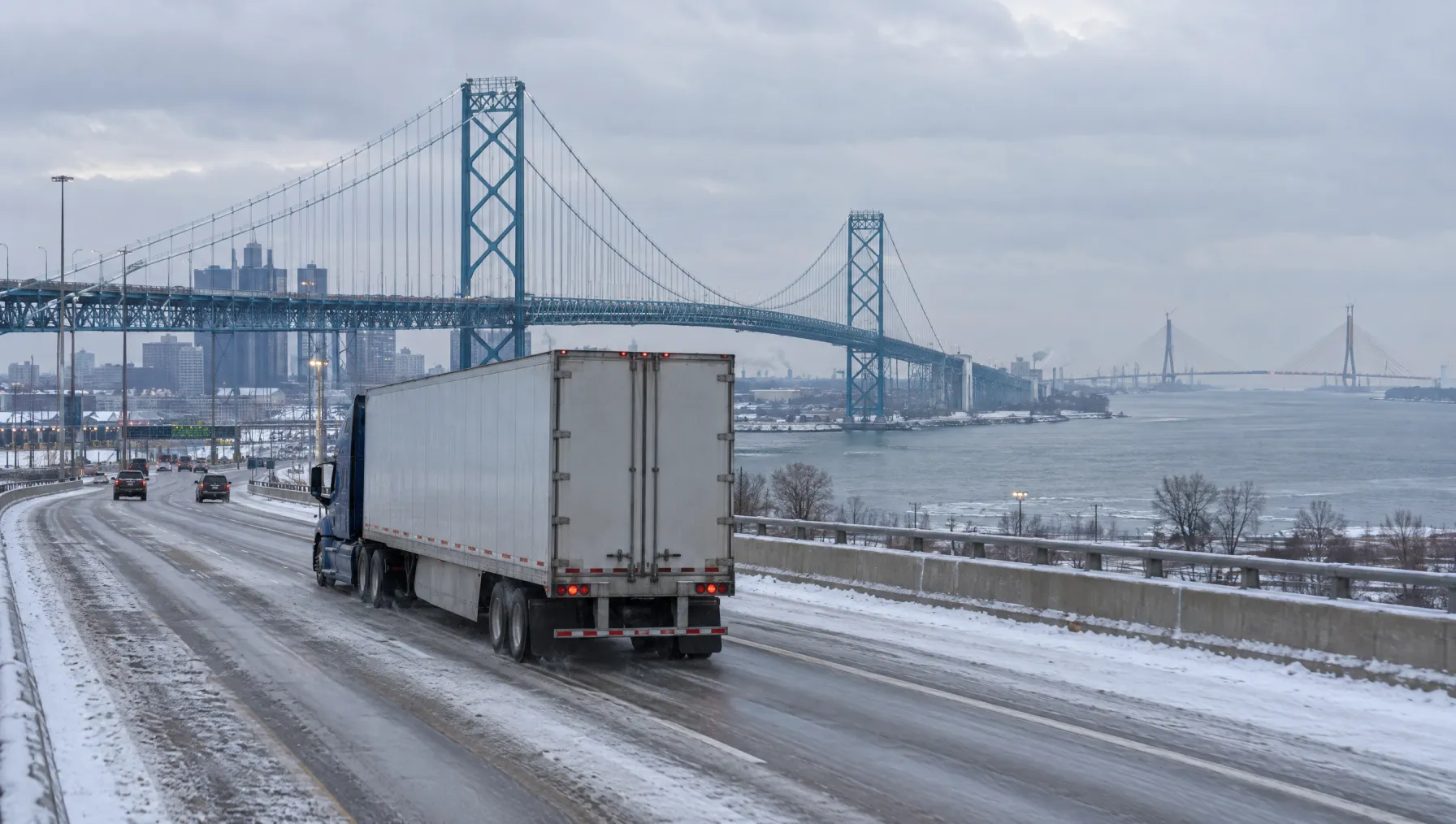 Class 8 tractor-trailer in the truck lanes approaching the Ambassador Bridge over the Detroit River on a snowy winter morning