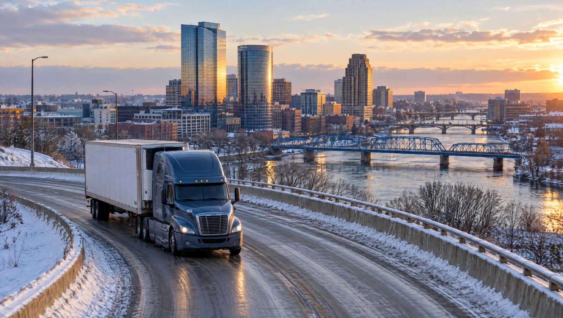 Class 8 tractor-trailer rounding the US-131 S-Curve with the downtown Grand Rapids skyline and Grand River behind it on a cold, clear winter morning