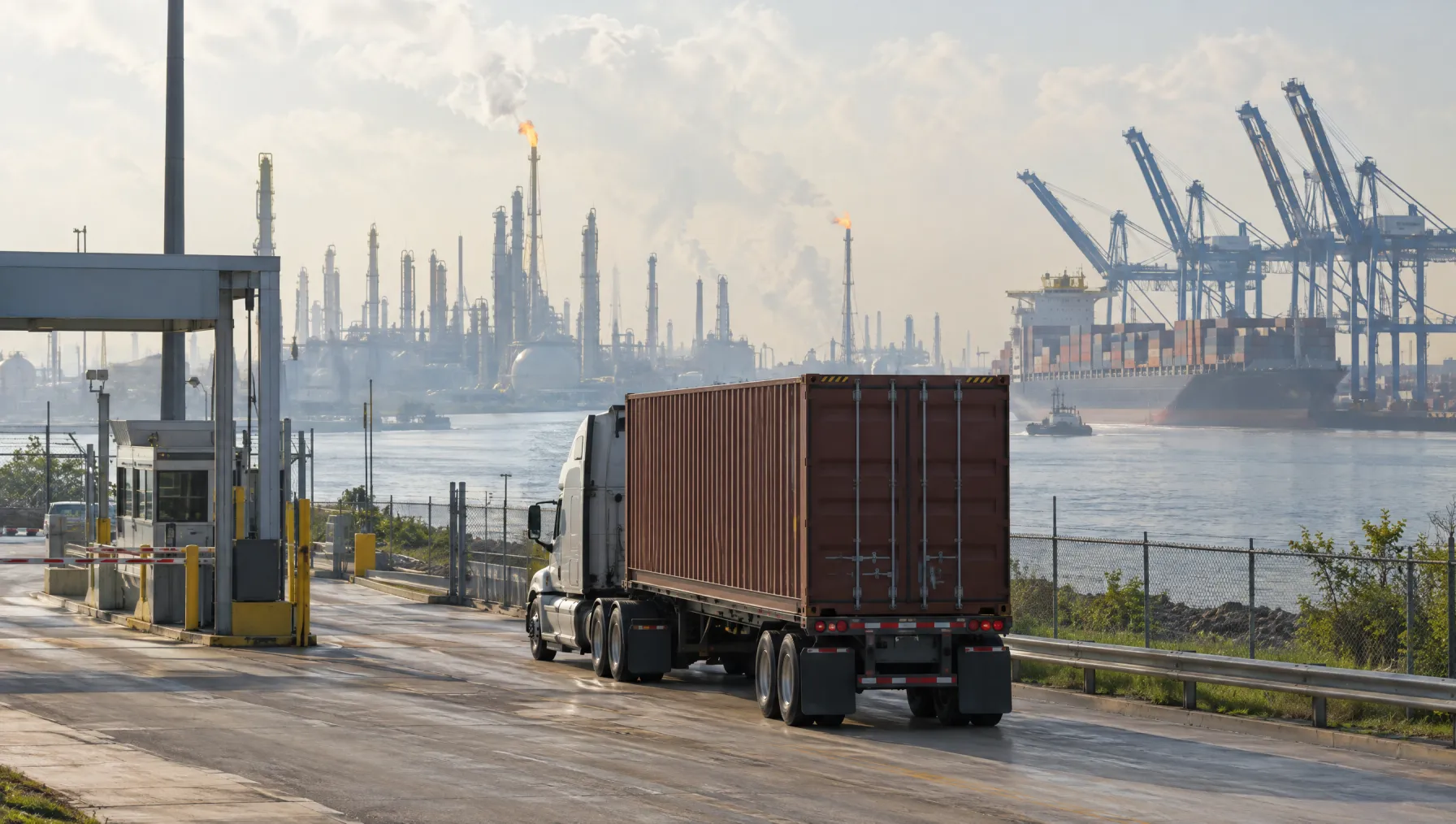 Class 8 tractor pulling a container out of a Port Houston terminal gate with Ship Channel refinery stacks behind it
