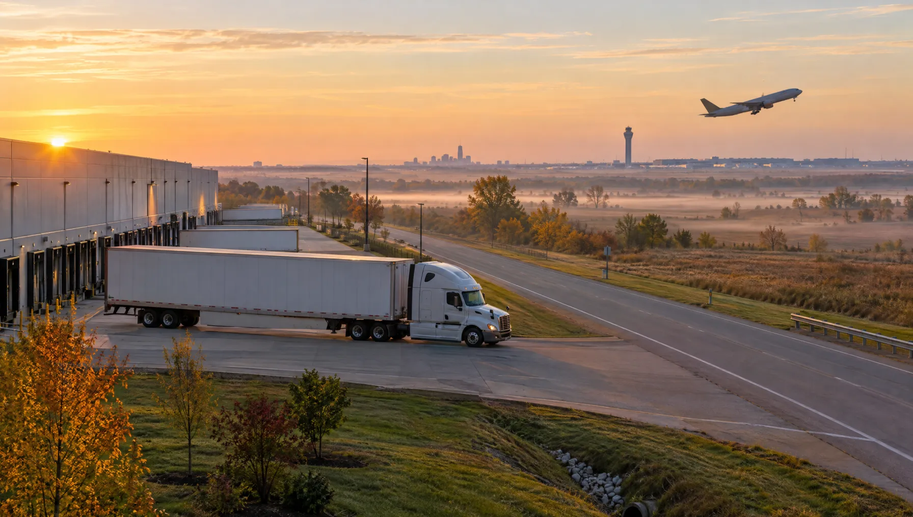 Class 8 tractor-trailer leaving a Plainfield distribution center on I-70 at dawn with a cargo jet climbing out of Indianapolis International Airport behind it