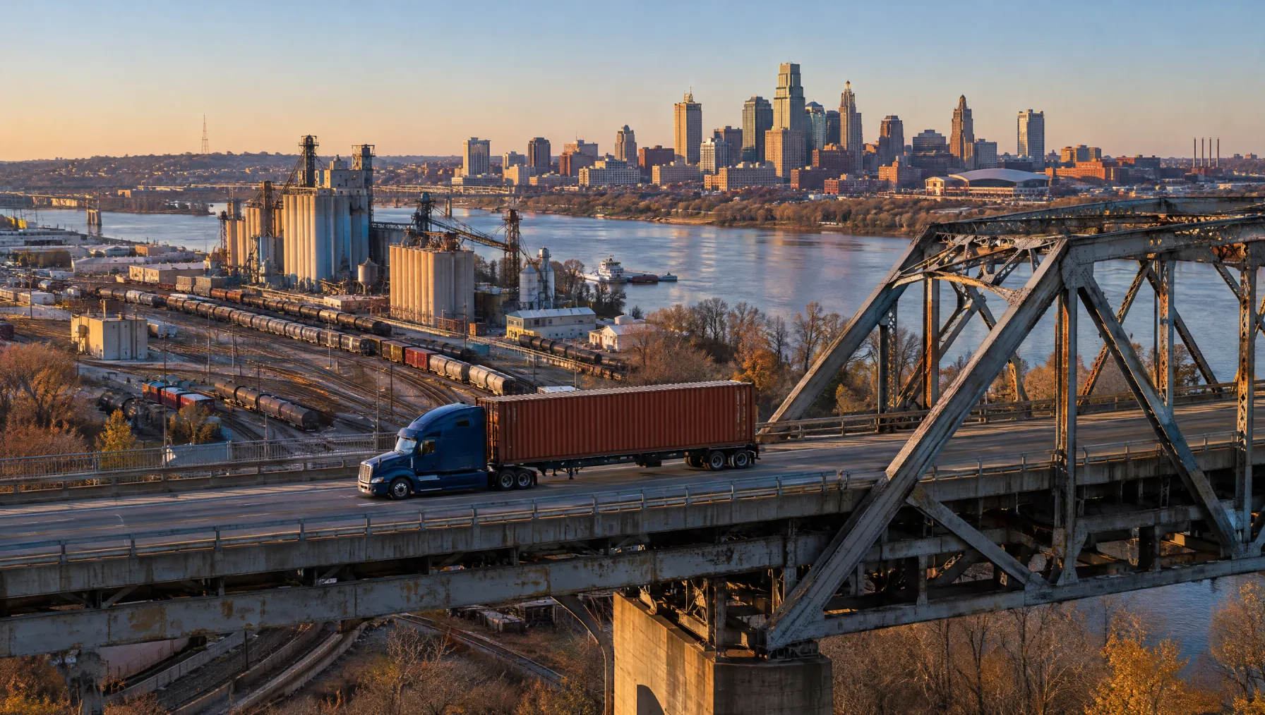 Class 8 tractor pulling an intermodal container across a Missouri River bridge toward the Kansas City skyline at dusk