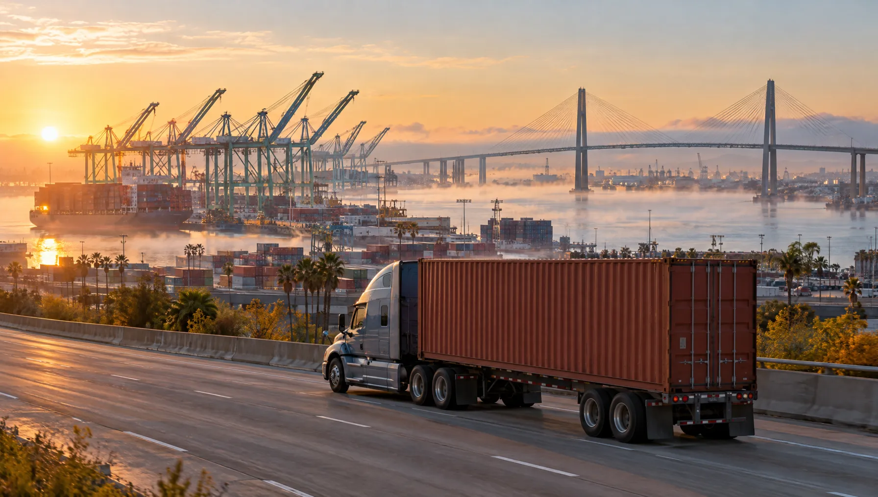 Class 8 tractor pulling a container up the 710 freeway with Port of Long Beach cranes and the cable-stayed harbor bridge behind it at dawn