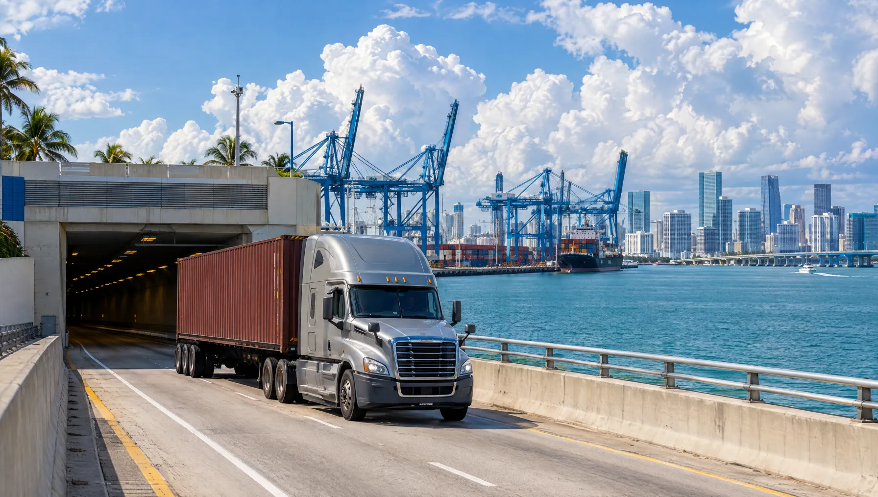 Class 8 tractor pulling a container out of the PortMiami Tunnel toward the MacArthur Causeway with downtown Miami and gantry cranes behind it