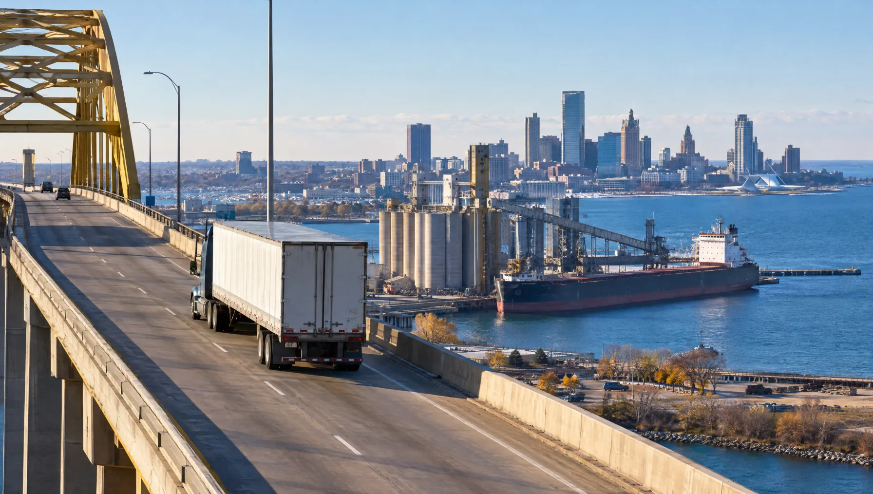 Class 8 tractor-trailer crossing the Hoan Bridge above Port Milwaukee with the Jones Island grain terminal and Lake Michigan behind