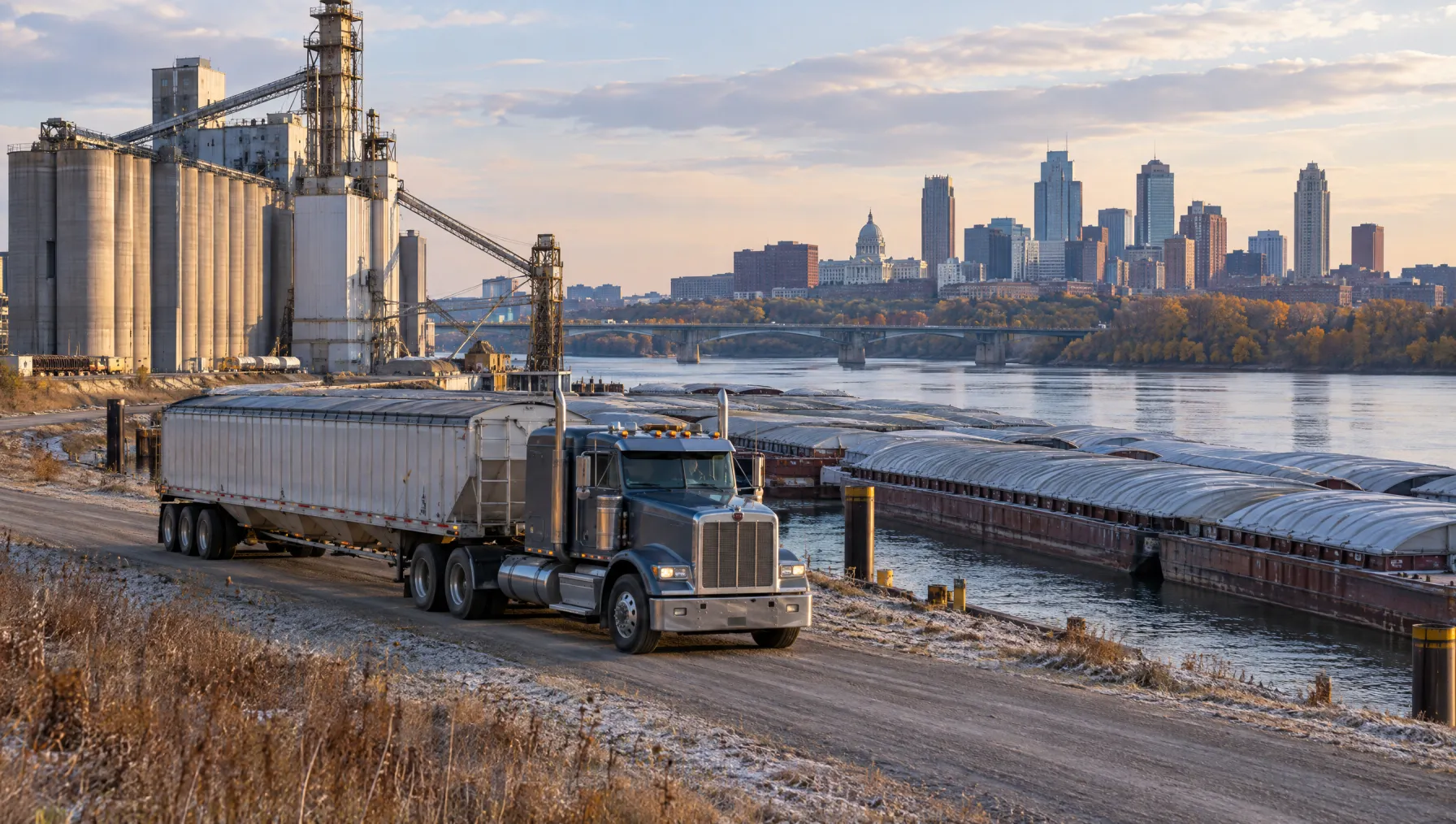 Class 8 tractor pulling a grain hopper along the Mississippi River barge terminals in St. Paul with the downtown skyline behind
