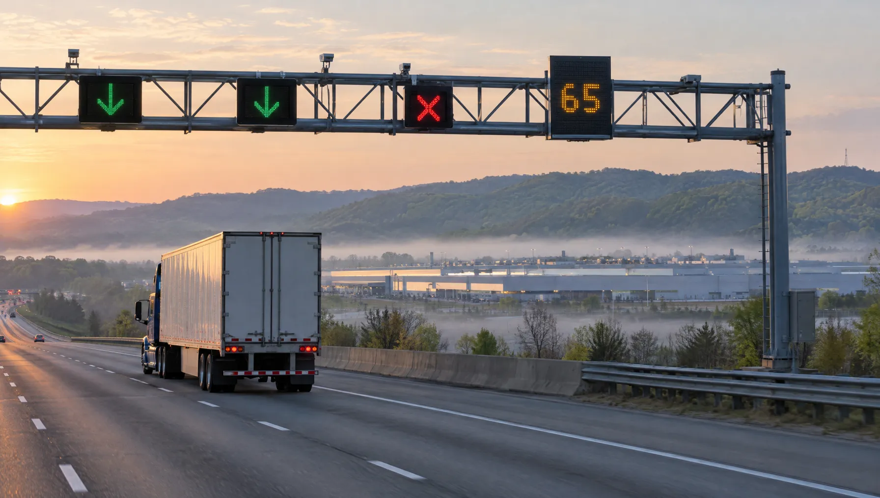 Class 8 tractor-trailer on I-24 near Smyrna at dawn with the Nissan assembly plant and Middle Tennessee hills behind it