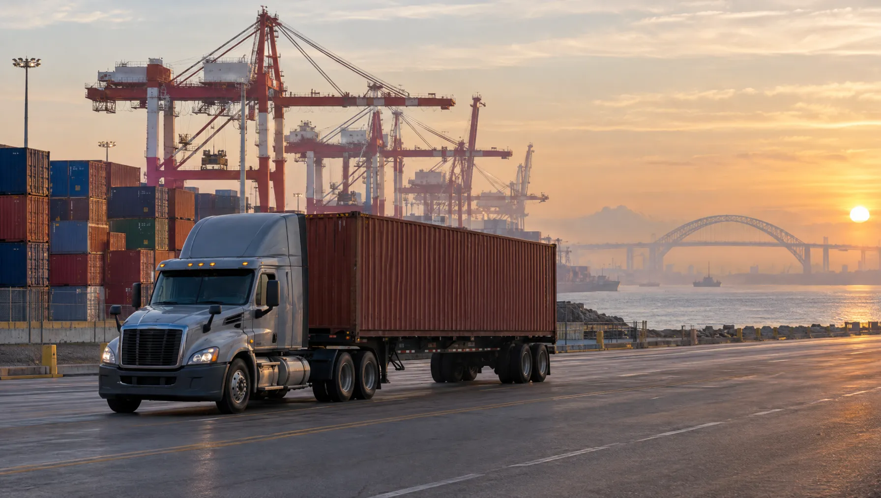 Class 8 tractor pulling a container on a chassis along Doremus Avenue toward the Port Newark gantry cranes at dawn