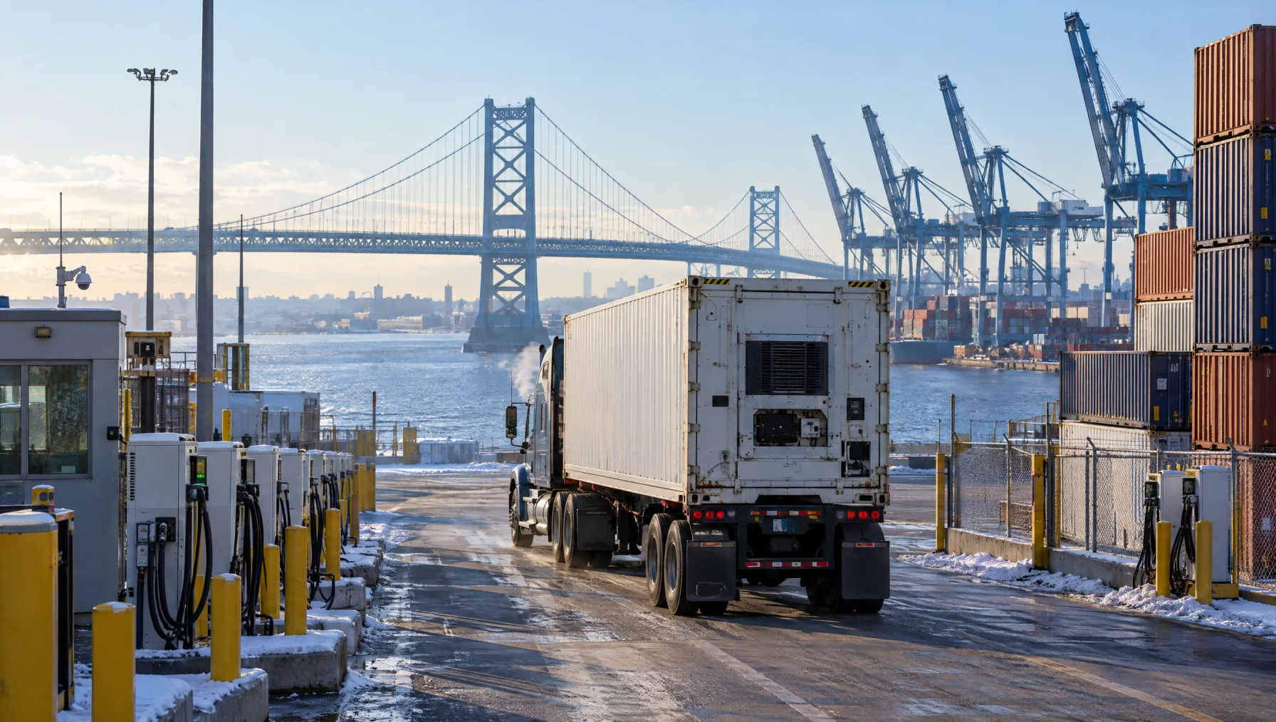 Class 8 tractor pulling a refrigerated container out of the Packer Avenue Marine Terminal gate in South Philadelphia with the Walt Whitman Bridge and port cranes behind it
