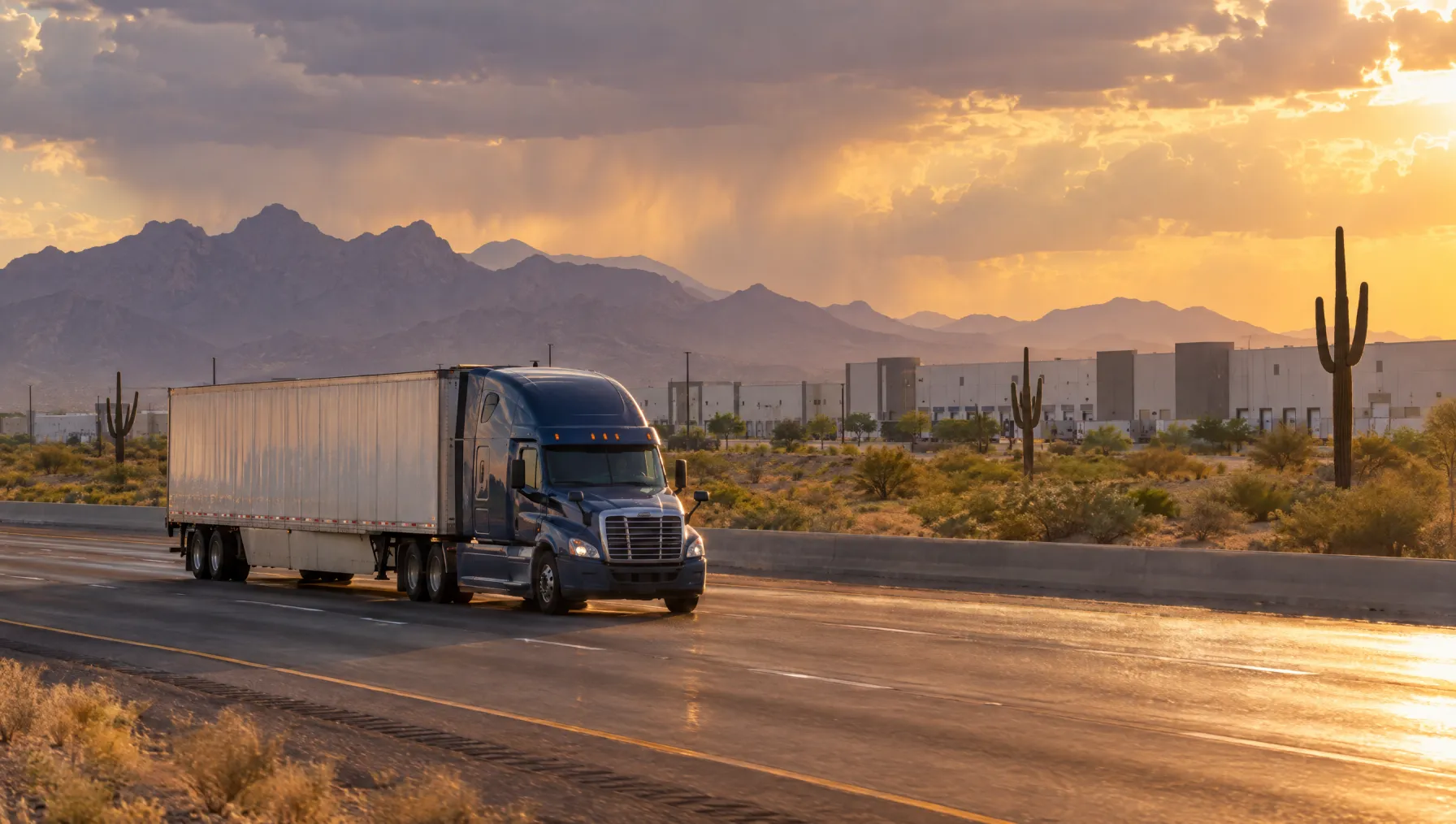 Class 8 tractor-trailer heading west on Interstate 10 past Phoenix distribution warehouses with the Estrella Mountains and a desert sunset behind it