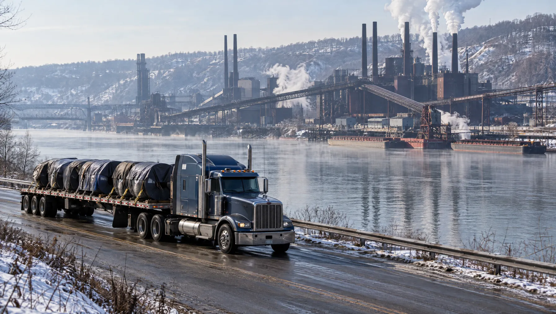 Flatbed tractor-trailer hauling tarped steel coils past the stacks of the Clairton coke plant on a winter morning