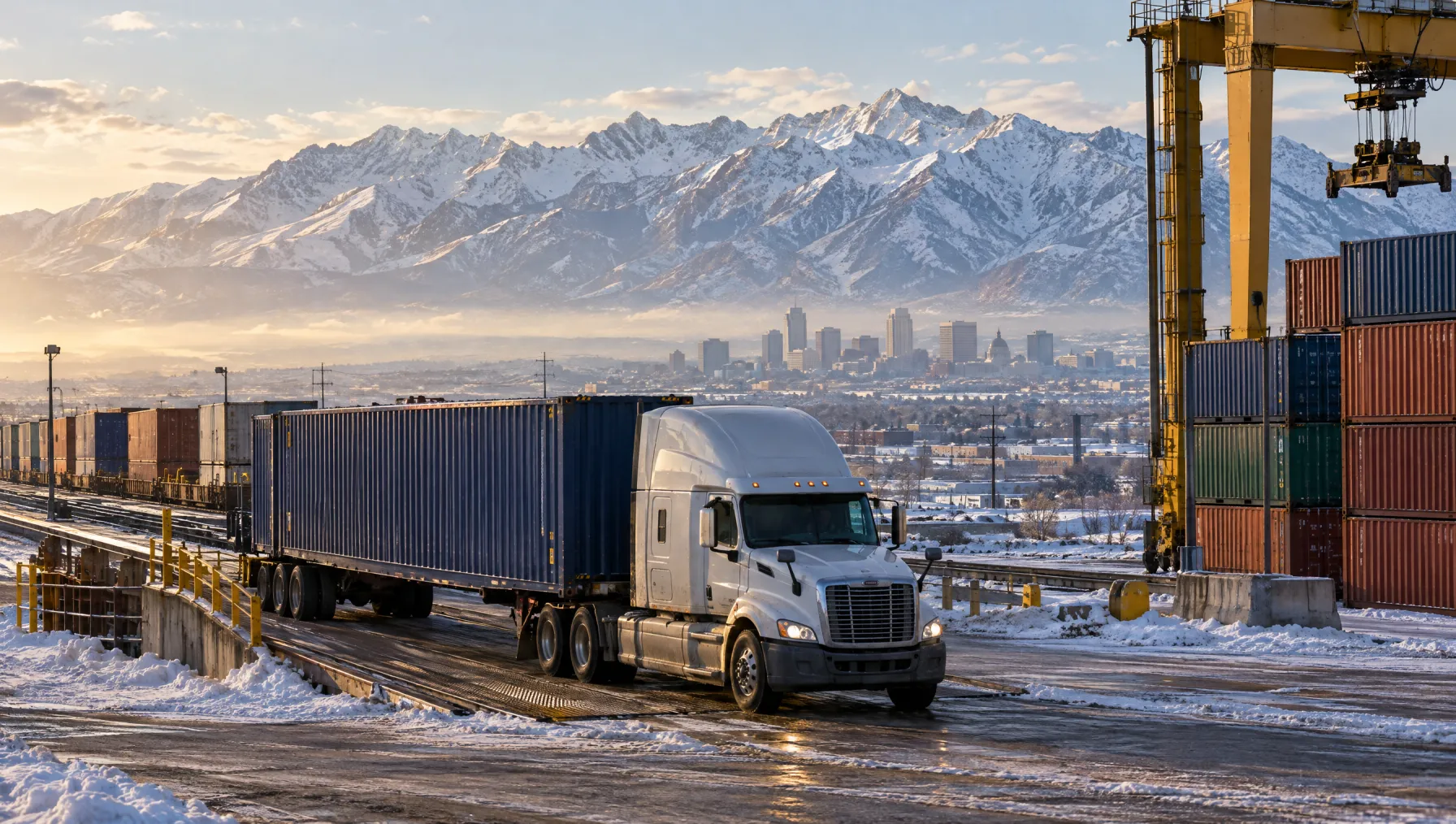 Class 8 tractor pulling an intermodal container out of the Union Pacific ramp on Salt Lake City's west side, snow-covered Wasatch Range behind
