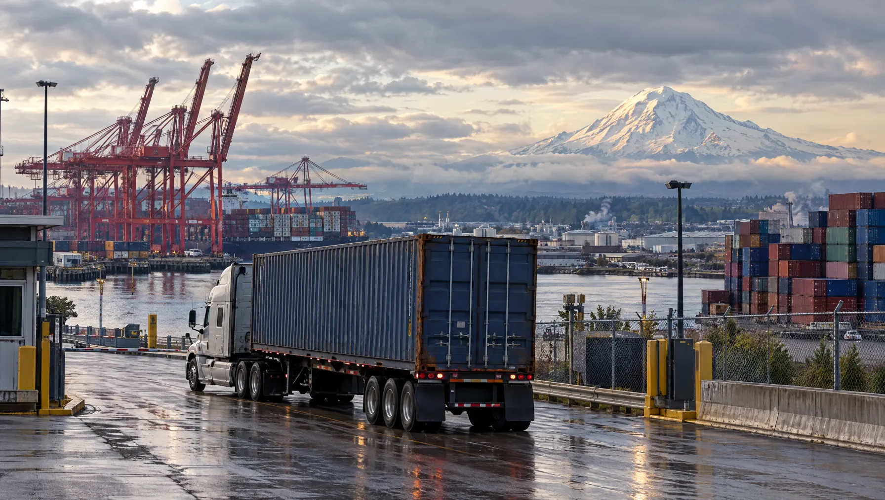 Class 8 tractor pulling a container chassis past the Terminal 18 container cranes on Harbor Island in Seattle with Mount Rainier behind