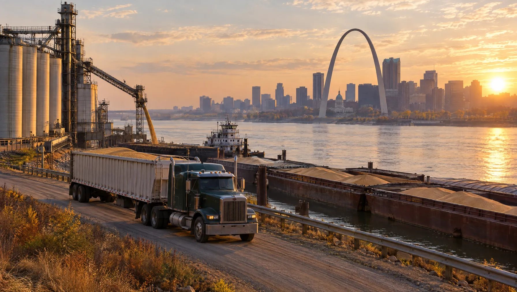 Class 8 tractor pulling a hopper trailer along the Illinois riverbank beside grain barges on the Mississippi, with the Gateway Arch across the water